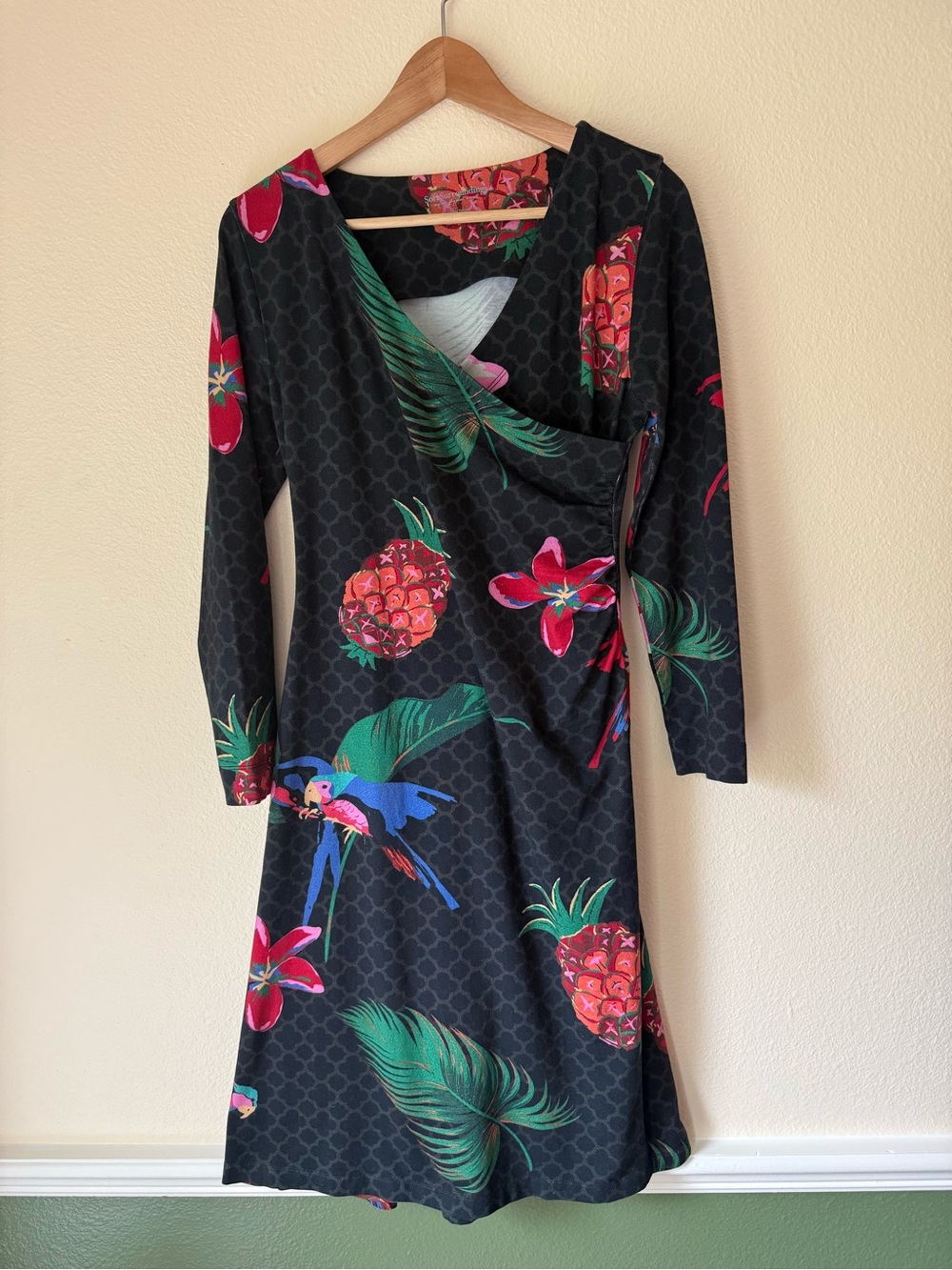 Soft Surroundings Black Tropical Wrap Dress with Pineapple & Parrot Print